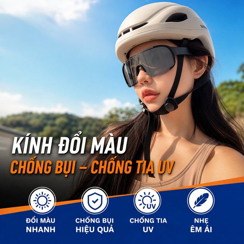 Kính thể thao phân cực đổi màu uv chống chói chống bụi chống trầy tròng kính lái xe đạp xe máy kèm hộp đựng