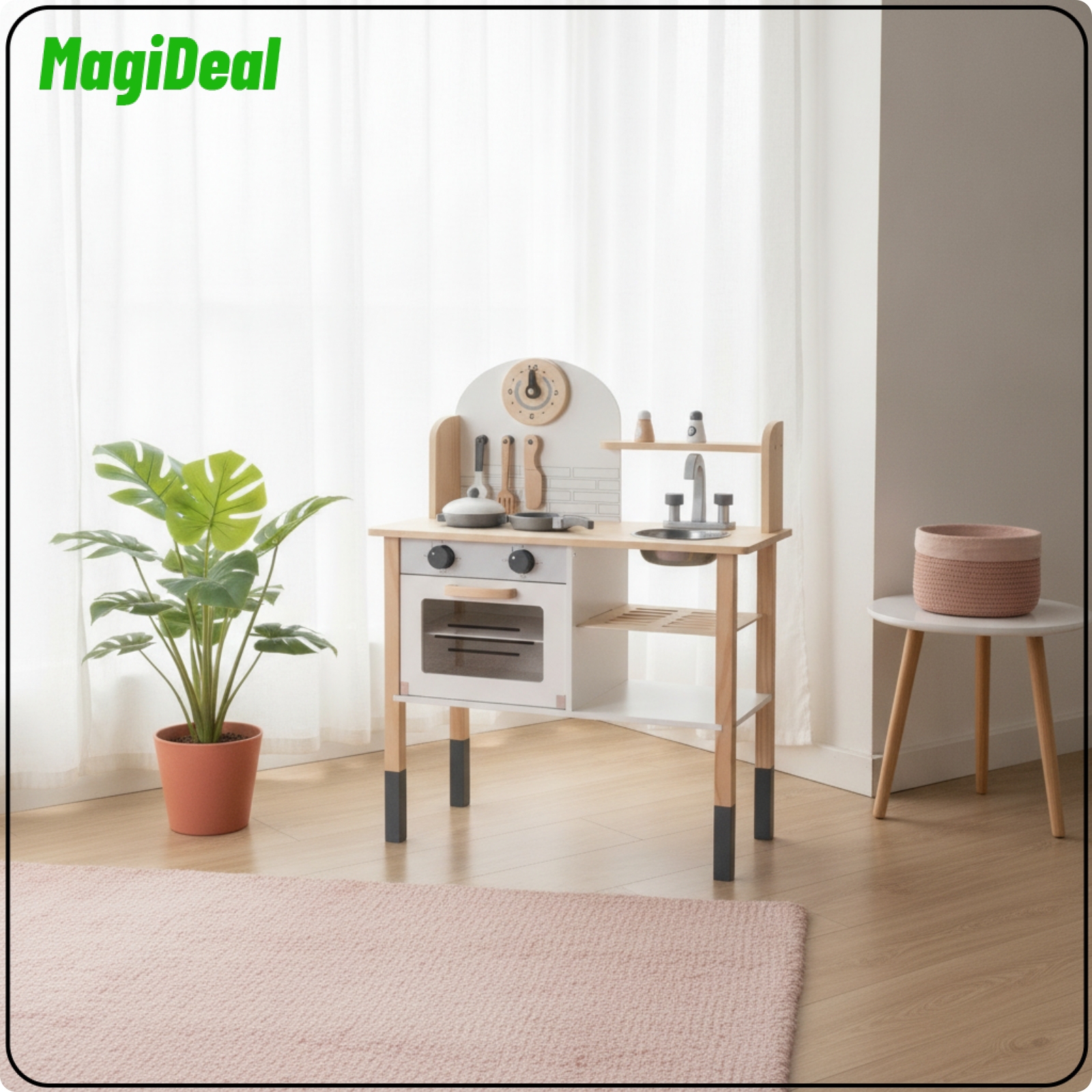 MagiDeal Freestanding Wooden Play Kitchen Realistic Pretend Play Kitchen with Accessories Safe Toy Cookware Set Interactive for Toddlers ราคา 23,599 บาท*ส่งฟรี