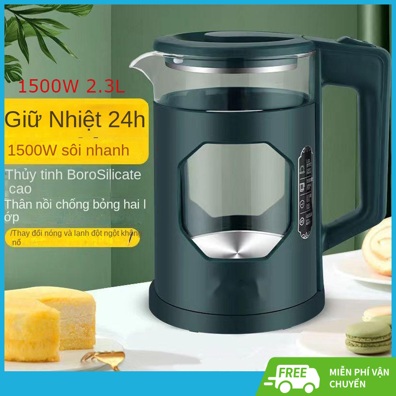 Ấm đun siêu tốc/Ấm đun nước thông minh nhiệt độ không đổi Ấm đun nước điện hai lớp chống bỏng Ấm đun nước điện điện tự động tắt ấm Ấm đun nước điện thủy tinh borosilicate cao nước sôi ánh sáng xanh 1500W 2.3L