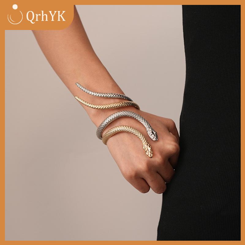 QrhYK 2pcs Punk rắn hình vòng tay Vòng trang sức thiết lập xoắn ốc rắn mở vòng tay ngón tay nhẫn nữ nam tay đồ trang sức