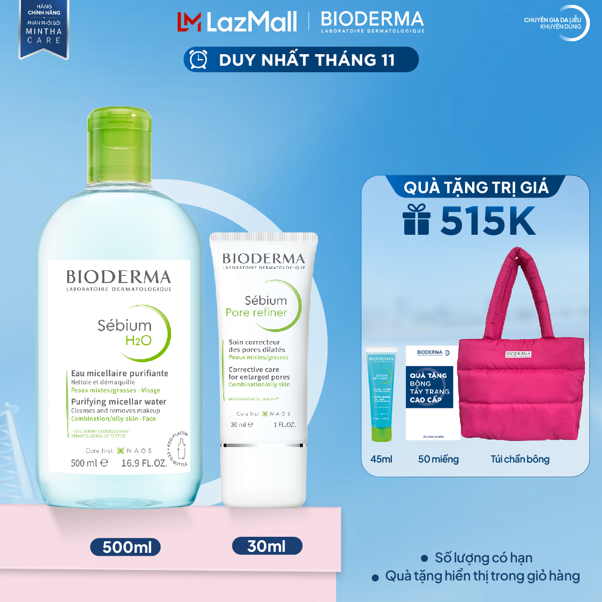 Bộ đôi làm sạch Micellar cho da hỗn hợp và da dầu Bioderma Sebium H2O 500ml và Kem dưỡng se lỗ chân