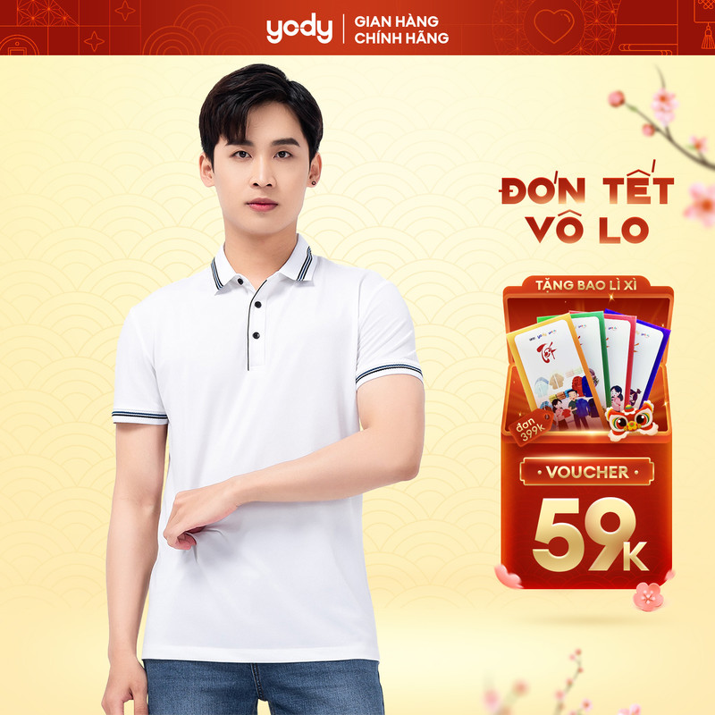 Áo thun có cổ Polo Nam YODY Coolmax vải cá sấu xuất sịn phối bo kẻ co giãn thoáng mát APM3681