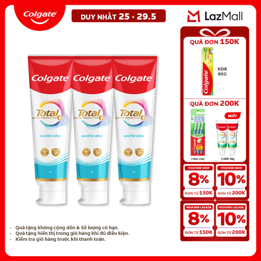 [Chỉ 25-29.5_X2 Voucher giảm 20%] [MỚI] Bộ 3 Kem đánh răng Colgate Total sạch sâu bảo vệ, ngăn ngừa 8 vấn đề răng miệng 150g/ tuýp