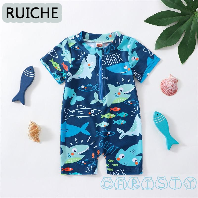 RUICHE จั๊มสูทแขนสั้นพิมพ์ลายฉลามแฟชั่นฤดูร้อนเหมาะสำหรับเด็กผู้ชาย ราคา 158 บาท*ส่งฟรี