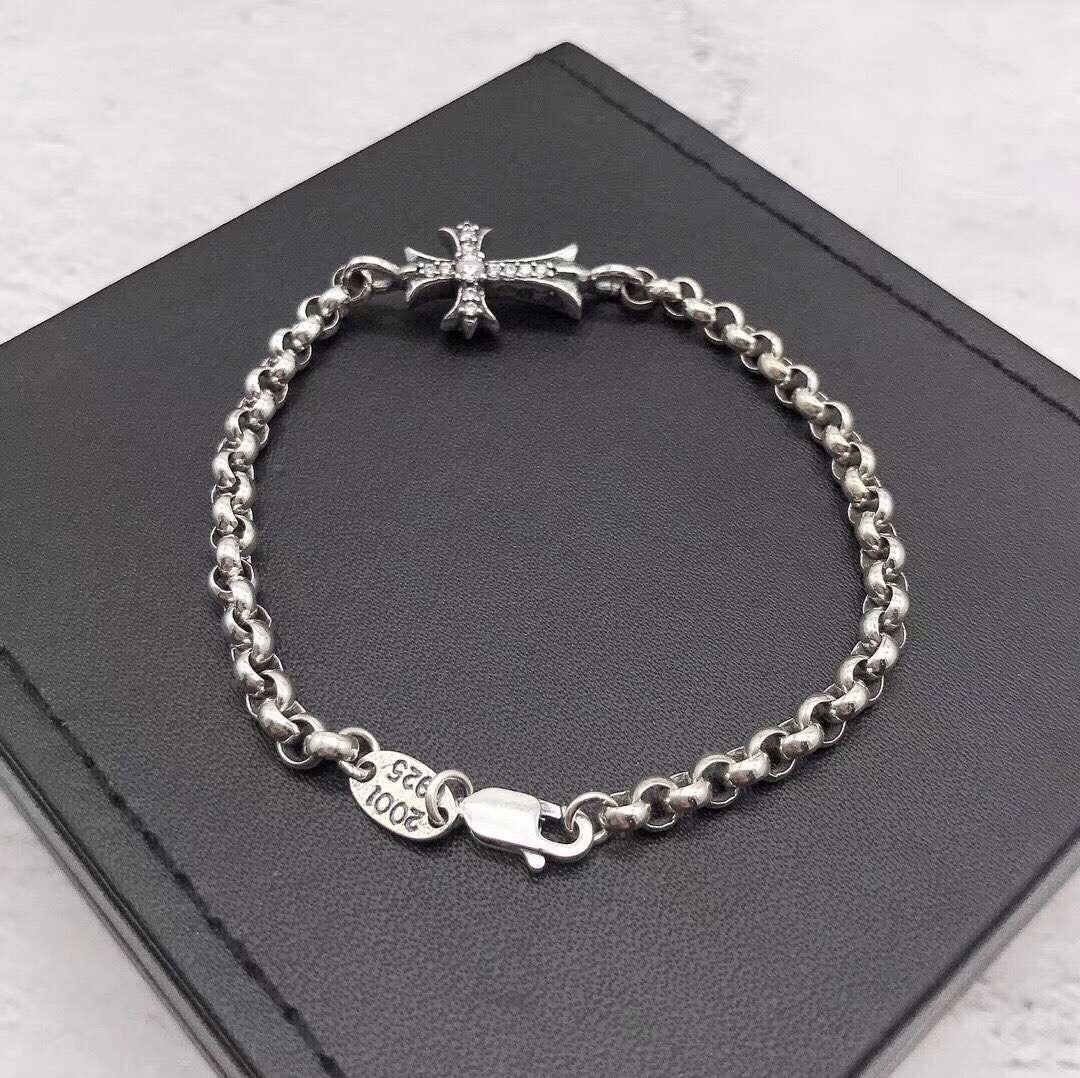 luogang8jshgS925 Sterling Silver Cross Set Diamond Bracelet Simple and Versatile Girls' Fine Chain Bracelet Fashion Xiaoqing New Japan Korean Style