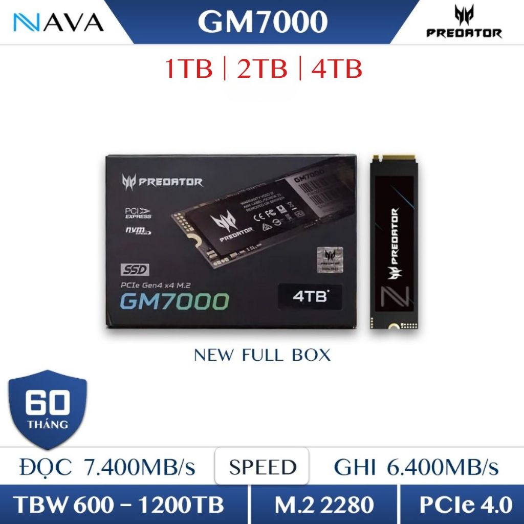 Ssd Predator Gm7000 1Tb 2Tb 4Tb Nvme Gen 4 Pcie with High-Speed Dram, Built-In Headsink, 5-Year Warranty Giá 9,290,000 Đồng*Miễn phí vận chuyển