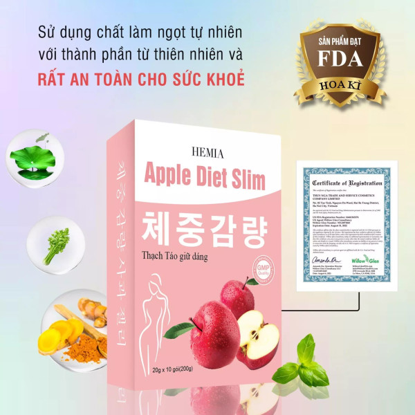 Thạch táo giảm cân Hemia 1 hộp 10 gói thạch- giảm cân an toàn theo công nghệ Hàn Quốc- Hàng chính hãng