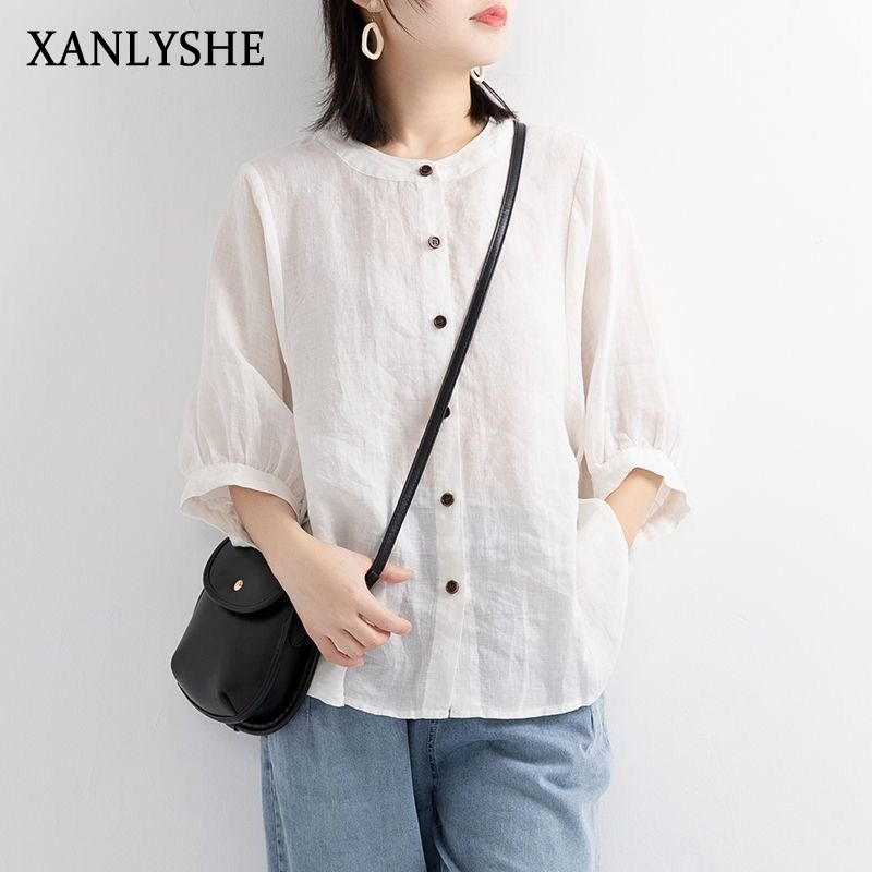 XANLYSHE เสื้อเชิ้ตผ้าฝ้ายและผ้าลินินแบบบางสำหรับนักเรียนหญิงเสื้อแขนสั้นแบบใหม่ฤดูร้อนสไตล์เกาหลี ราคา 122 บาท*ส่งฟรี