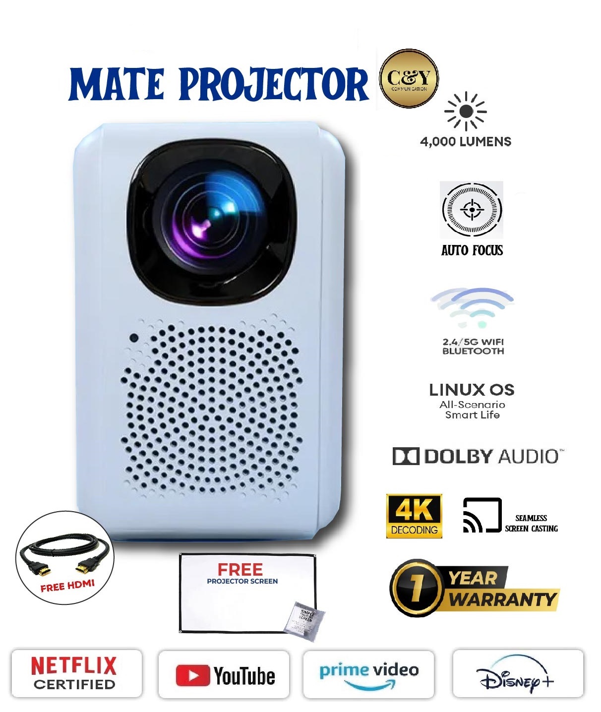 EROC Mate Auto Focus Projector Full HD 4000 Lumens 200" Screen Display Dolby Audio Dual WiFi YouTube Netflix Screen Mirroring