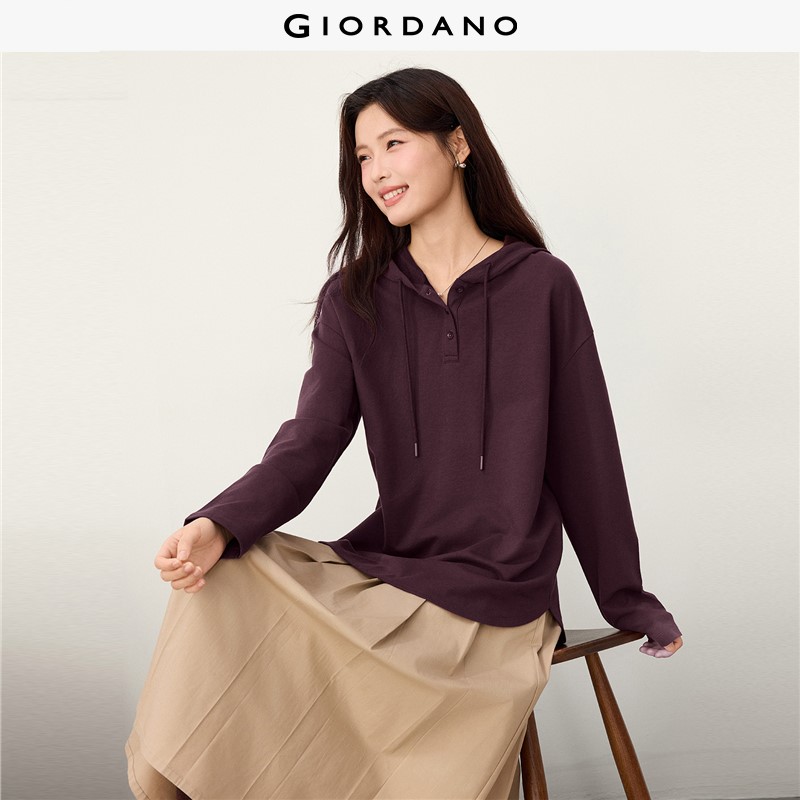 GIORDANO Women Hoodies 100% Cotton Half Button Placket Hoodies Curved Hem Fashionable Casual Relaxed Fit Hoodies 13326629