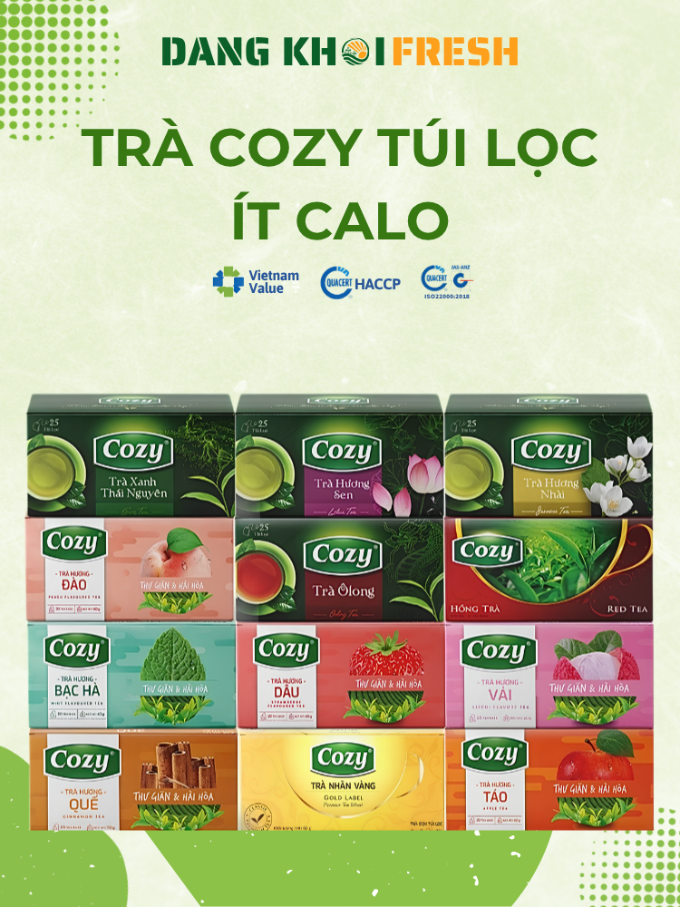 Combo 10 Hộp Trà Túi Lọc Cozy - Trà Ô Long Trà Xanh Nhài Gừng Hồng Trà Sen Đào Dâu Vải 25*2g