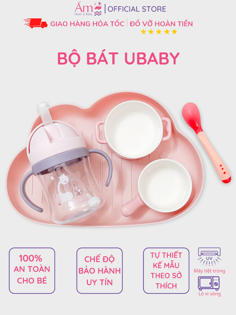 Bộ Bát Ăn Dặm Cho Bé Ubaby Từ 8 Tháng Tuổi Ấm Baby Gồm Khay, Bình Tập Uống