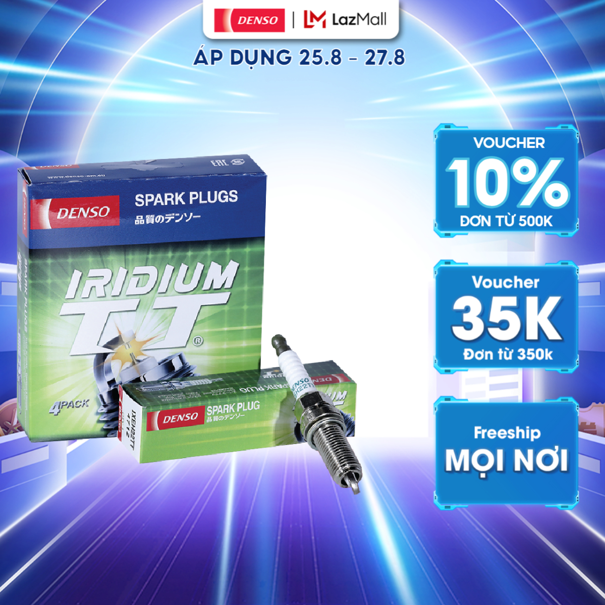 Bộ 4 Bugi Ô Tô IXEH22TT DENSO Iridium, Hai Đầu Đánh Lửa, Tiết Kiệm Nhiên Liệu, Dùng Cho Nhiều Dòng Xe Honda, Mazda Và Mercedes, Mã 267700-8510