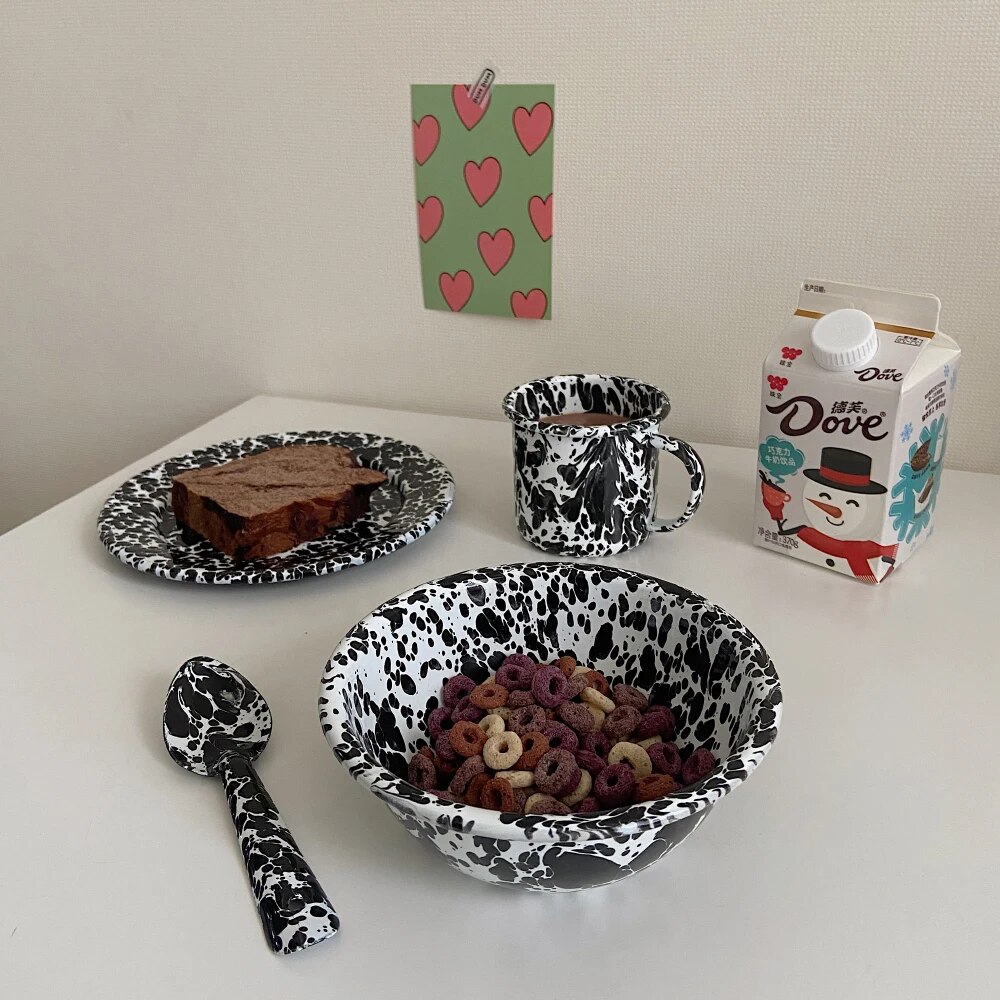 Ins Korean Blogger's Same Black Splash Enamel Dinner Plate Cereal Bowl Mug Spoon Tableware Set Dishes and Plates Sets dangjiu
