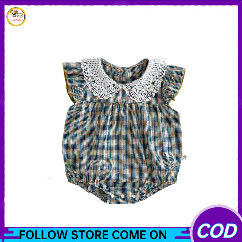 Trẻ mới biết đi bé gái tay ngắn bodysuit cotton hoa văn kẻ sọc vuông quần áo Dễ Thương Ren Cổ Tròn Romper quần lót Jumpsuit