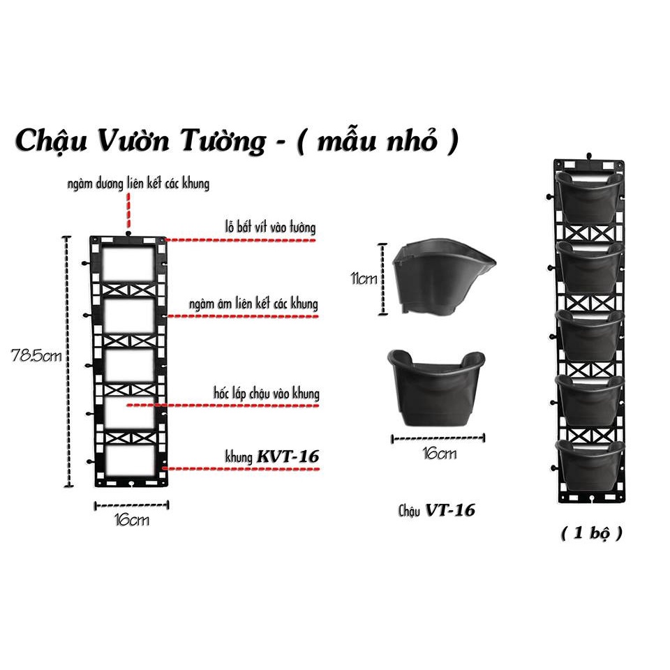 Bộ Khung chậu nhựa đứng treo tường trồng cây, trồng rau, trồng hoa