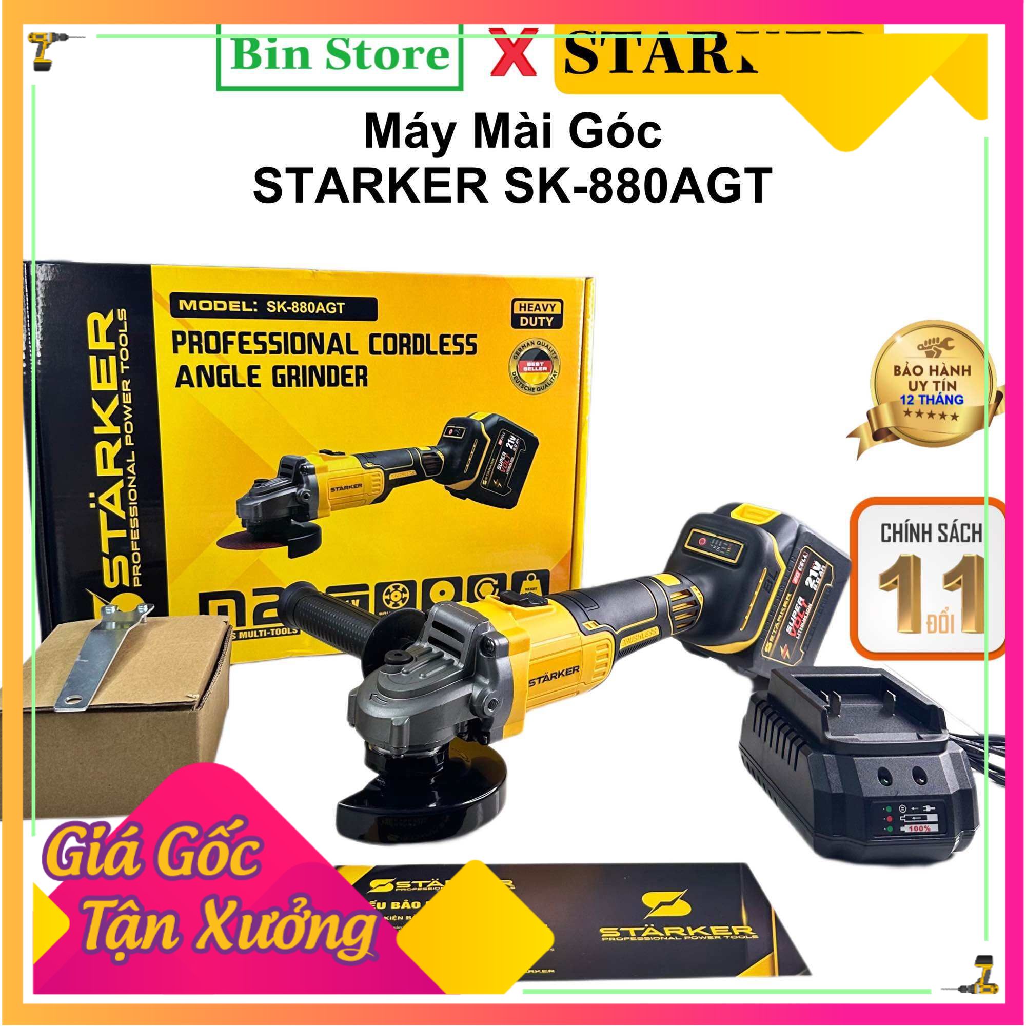 Máy mài góc, máy cắt dùng pin STARKER SK-880AGT - không chổi than - pin 20cell dung lượng lớn - Tặng bộ chuyển đổi sang cắt rung