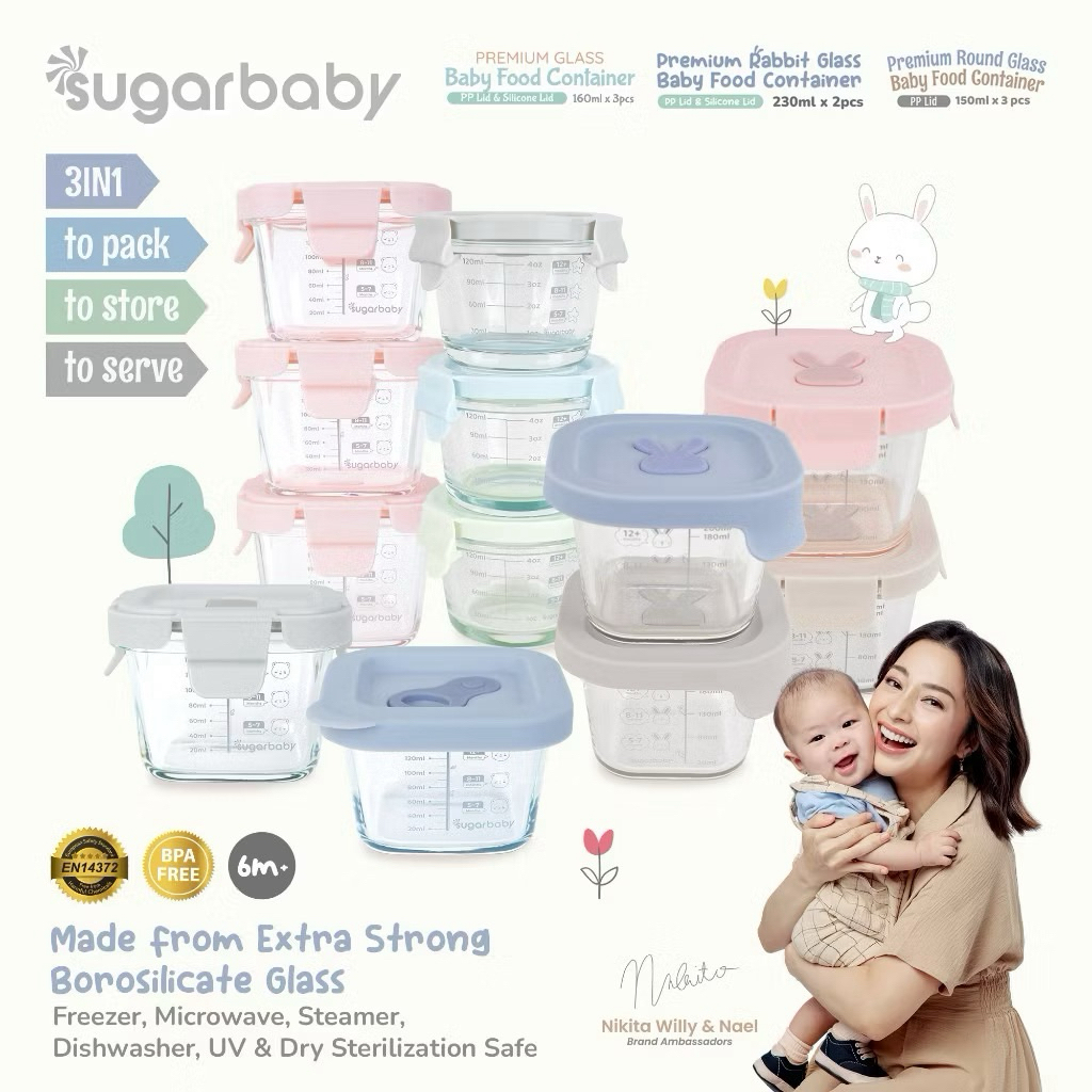 SUGAR BABY Premium Glass Jar Baby Food Container 3pcs BPA FREE | Peralatan Makan MPASI Bayi
