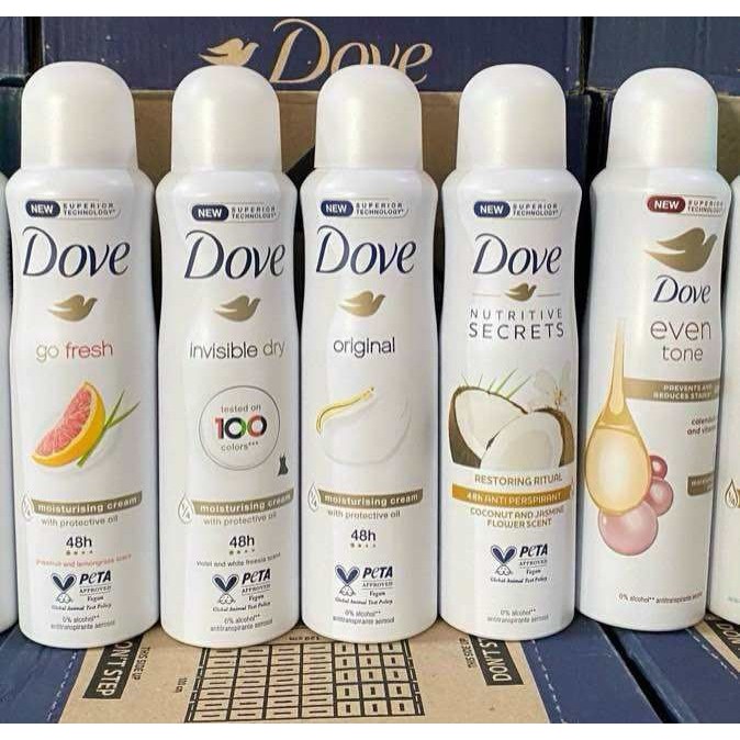  Xịt khử mùi nữ Dove ngăn ngừa mồ hôi và khô thoáng vùng da dưới cánh tay 150ml 