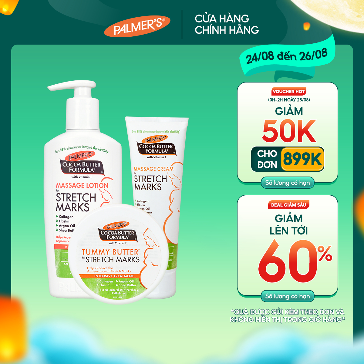Bộ sản phẩm ngăn ngừa và làm giảm rạn da Palmer's (Lotion, Kem, Bơ Đậm Đặc)