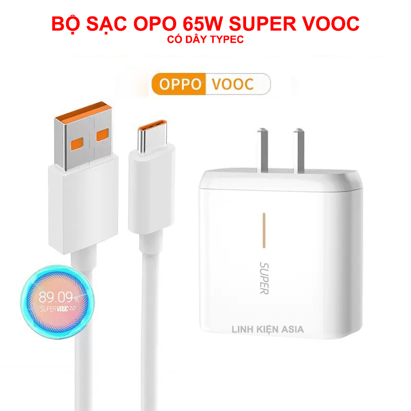 Bộ sạc oppo 65w siêu nhanh supervooc kèm cáp sạc typec dài 1 mét