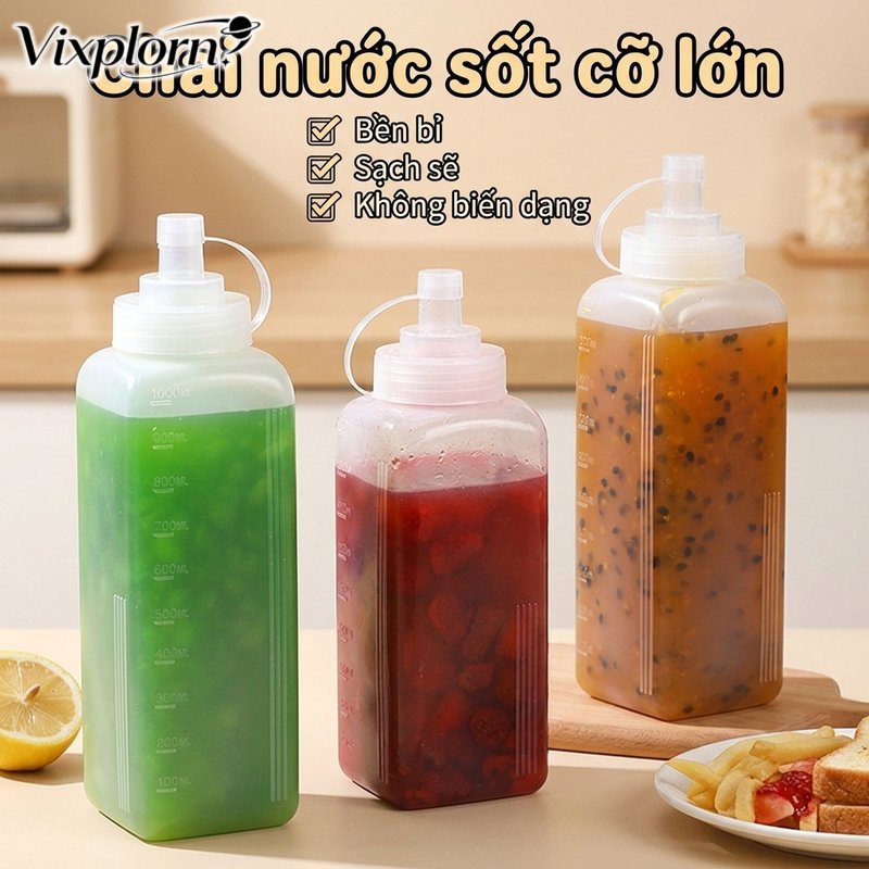 Vixplorn Bình đựng gia vị nhựa nhấn vuông góc chống tràn đa năng dung tích lớn dùng cho tương ớt tương cà sữa đặc nước mắm