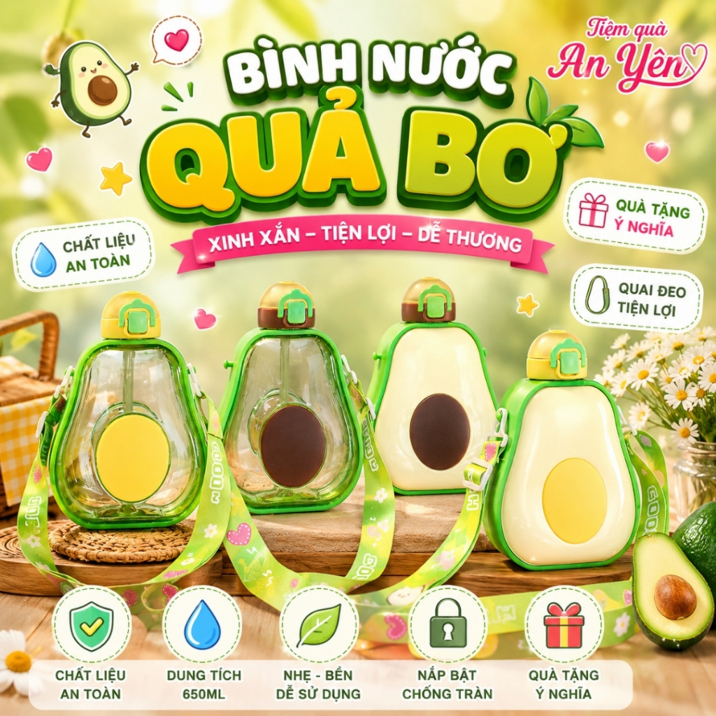 Bình Nước Quả Bơ Hoạt Hình Cho Bé Nắp Bật Có Dây Đeo Bình Nước Đi Học Quà Tặng Quốc Tế Thiếu Nhi
