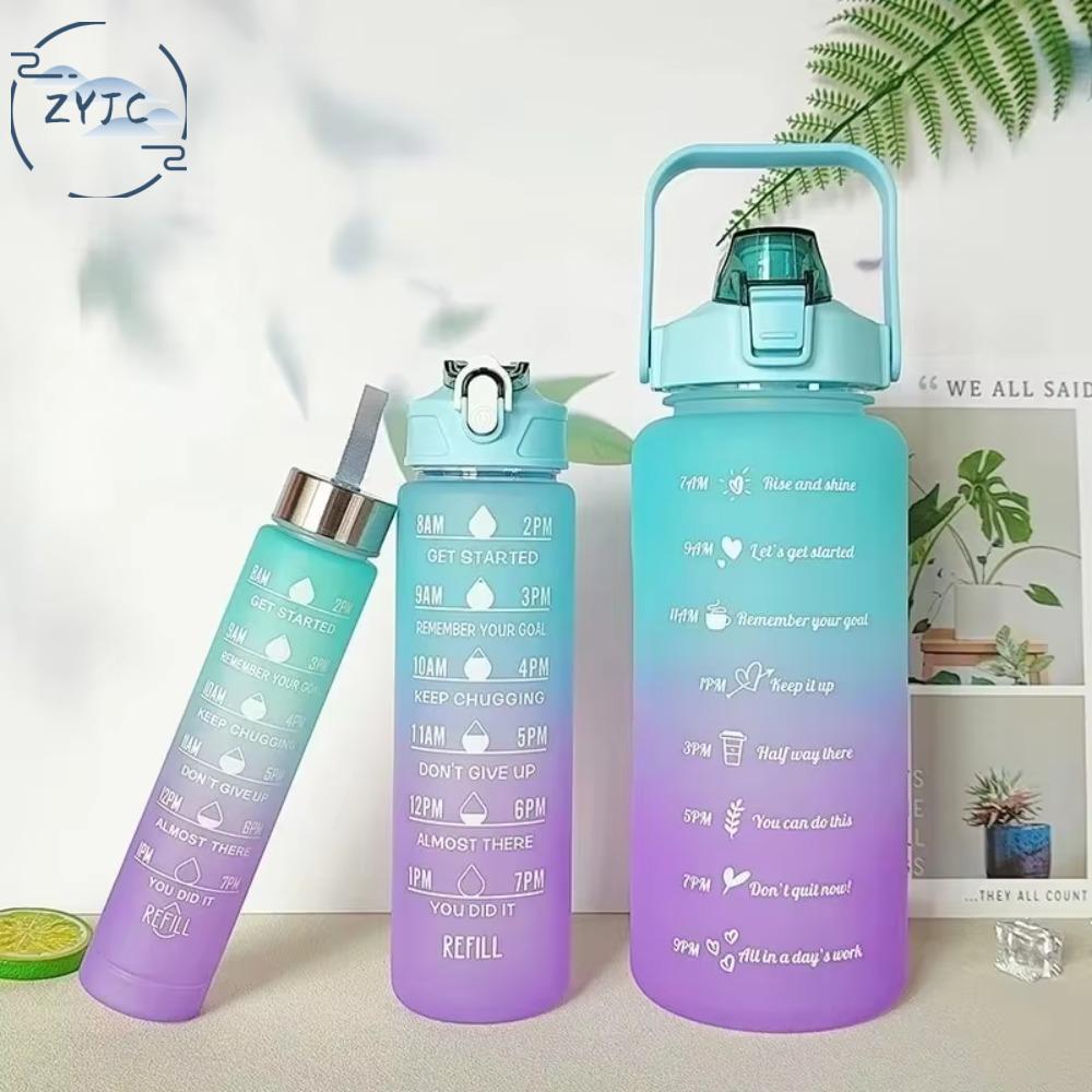 ZYJC SHOP 3Pcs Set Chống rò rỉ Bình nước thể thao màu gradient Dung tích lớn với Dấu Thời Gian Cốc nước Di động Nhựa Cốc rơm tập gym Trường học