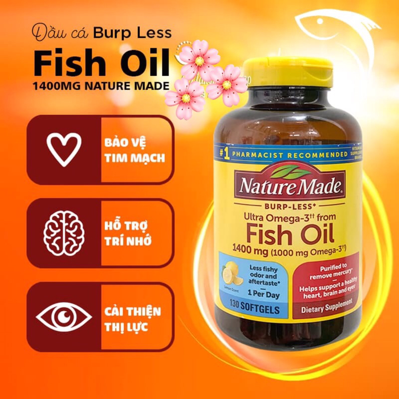 🐬🐠[HSD 02/25] Dầu Cá Hàm Lượng Cao Nature Made Burp Less Fish Oil Ultra Omega-3 1400mg với 1000mg Omega-3 130 viên từ MỸ
