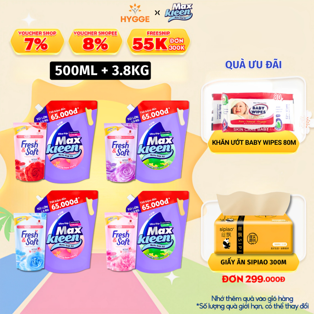 Combo 2 nước giặt maxkleen và nước xả vải fresh soft giặt xả quần áo thơm lâu giặt tay và máy túi 3.8kg/500ml
