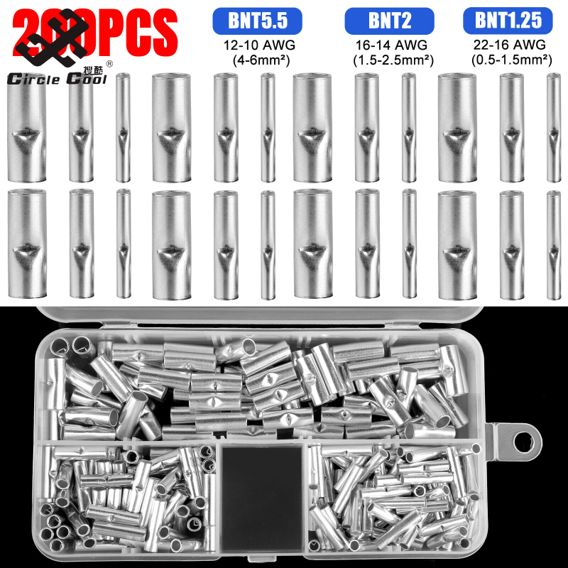 Vòng tròn mới tuyệt vời! 200pcs không cách nhiệt Đầu nối phình Kit 22-10 đo không cách điện mông đầu nối dây điện Splice dây thiết bị đầu cuối uốn