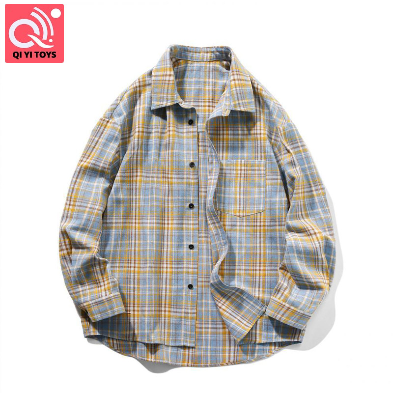 Người đàn ông dài tay áo T-shirt Retro ve áo in caro Một hàng khuy cardigan Áo thun dáng rộng giản dị áo ôm