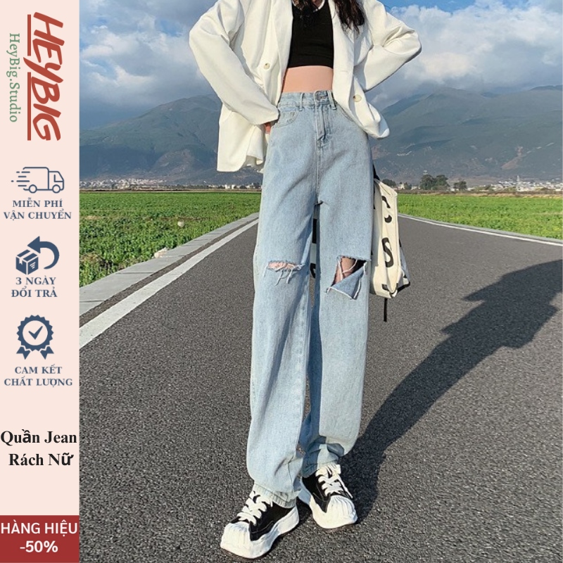 卐✚▤  Quần jean nữ đen xám rách gối CẠP CAO HeyBig quần bò jeans rách gối nữ phom rộng phong cách Ulz