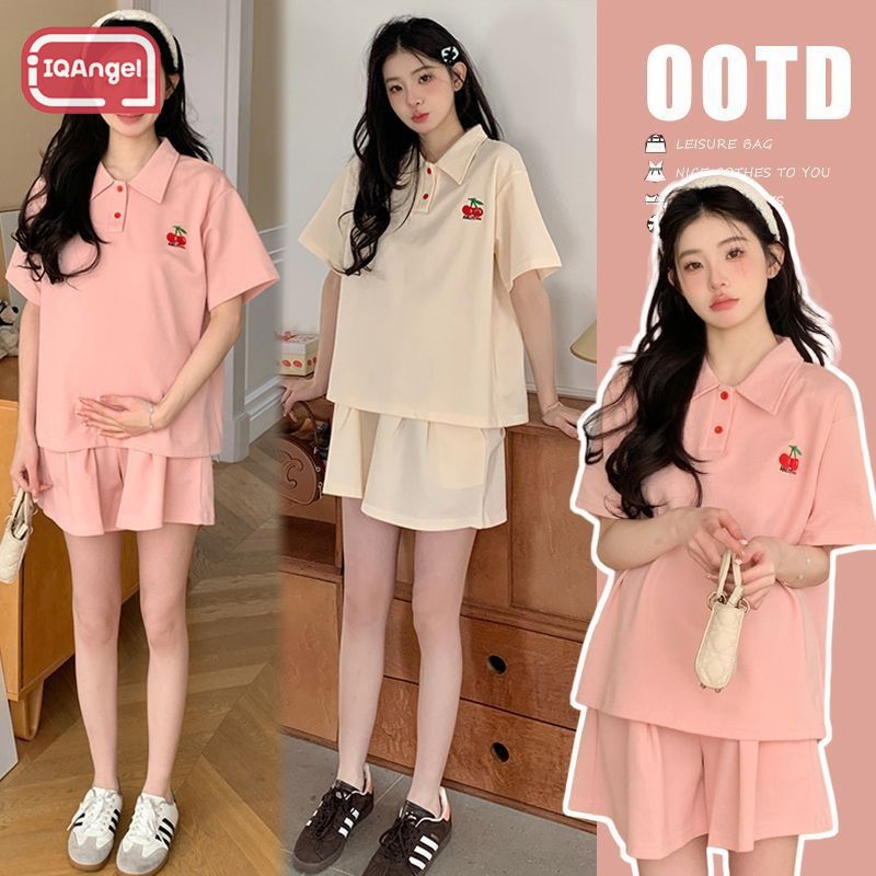 IQANGEL Maternity Polo Shirt Suit Women's Casual Short-Sleeved Two-Piece Set Sweet Cute Pregnant Women Suit ราคา 152 บาท*ส่งฟรี
