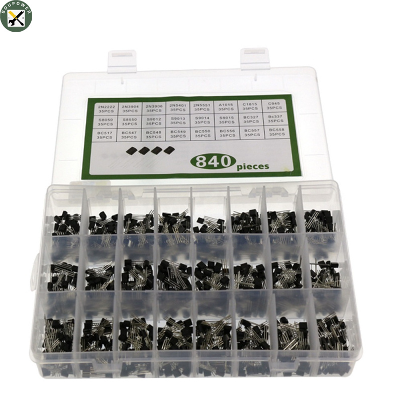 BouPower IN stock 840pcs/set 24values To-92 Transistor Assortment Kit Bc327 Bc337 Bc547 Transistor 2n2222 3904 3906 C945 Pnp/npn Transistors Pack