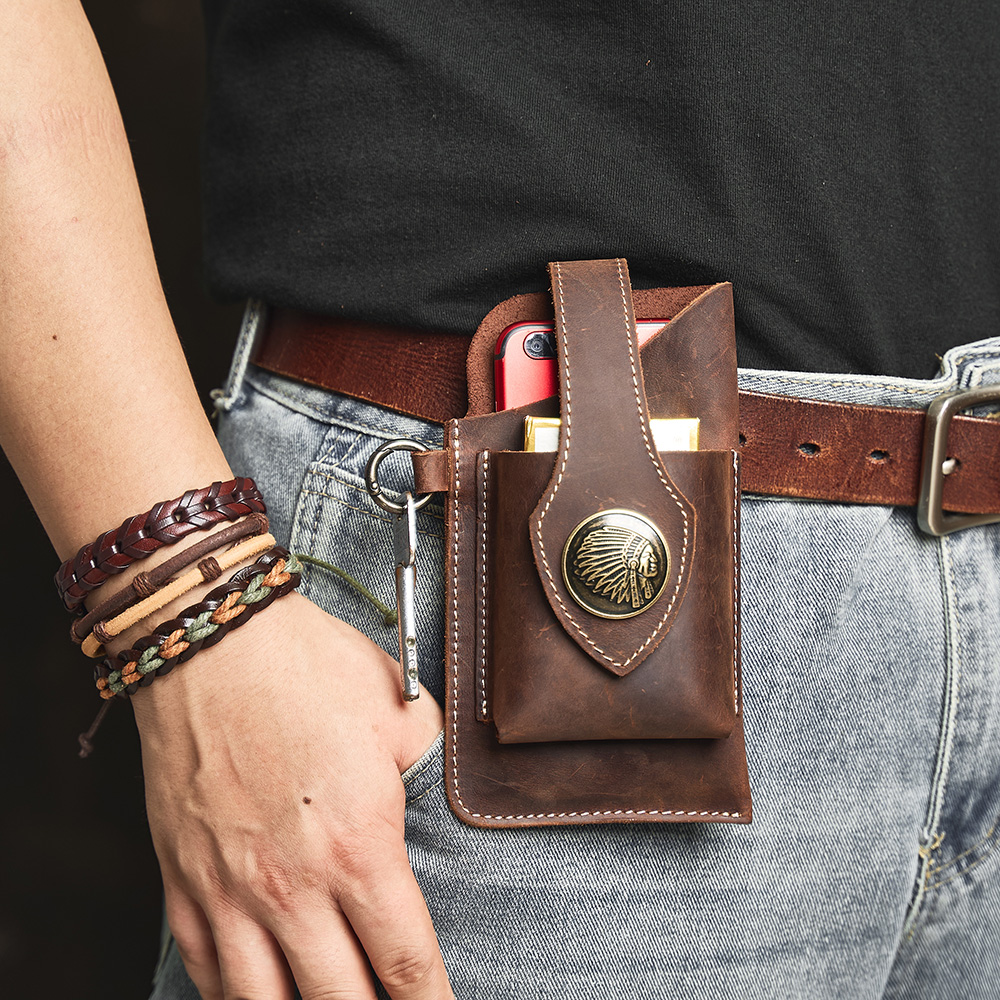 Da thật Túi đeo hông cho Nam nupugoo ngựa điên da cầm tay Retro eo túi với móc tròn treo chìa khóa