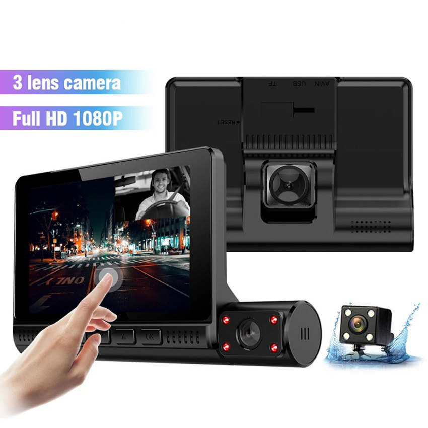 3 ống kính cảm ứng màn hình Xe Hơi Đầu Ghi Video 4 trong Dash Cam blcak hộp IPS 1080p HD gương ô tô ghi DVR Camera hành trình xe ô tô máy quay