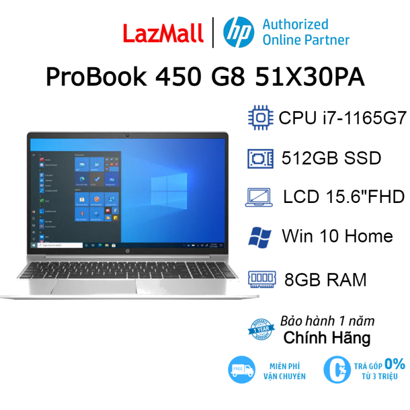 Laptop HP ProBook 450 G8 51X30PA i7-1165G7| 8Gb| 512Gb| 15.6FHD| OB| Win 10 (Bạc)