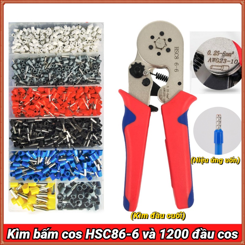 Kìm bấm cos vuông HSC8 6-4A tự điều chỉnh kèm 1200 đầu cos đủ loại cos ống tròn cos pin