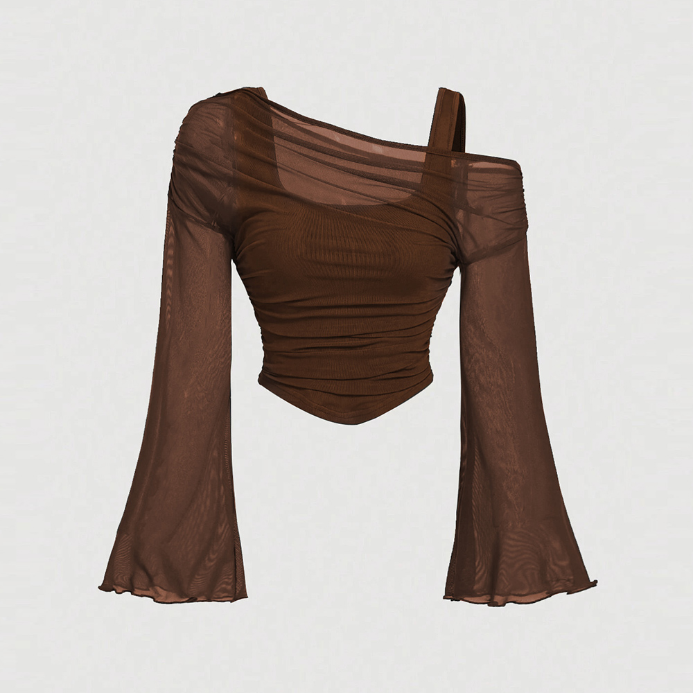 Closet Crush Của Phụ Nữ T-Shirts Mùa Thu Sexy Thời Trang Đồng Bằng Trong Suốt Lưới Giả Hai Mảnh Dài Tay Áo Vuông Cổ Một Vai Skinny Phù Hợp Với Hẹn Hò T-Shirts B241231