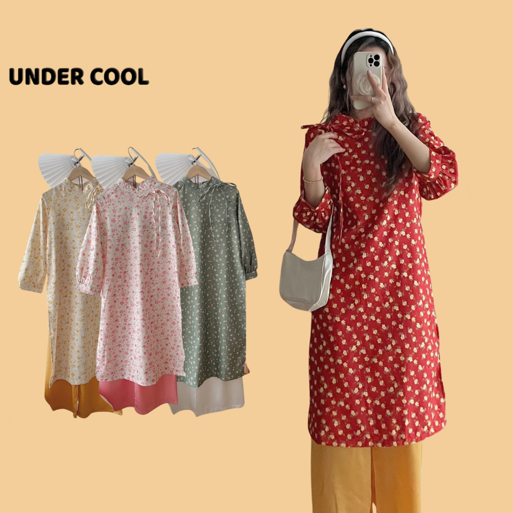 Set áo dài cách tân hoa nhí cổ tàu undercool nhung tăm cúc bọc phối nơ