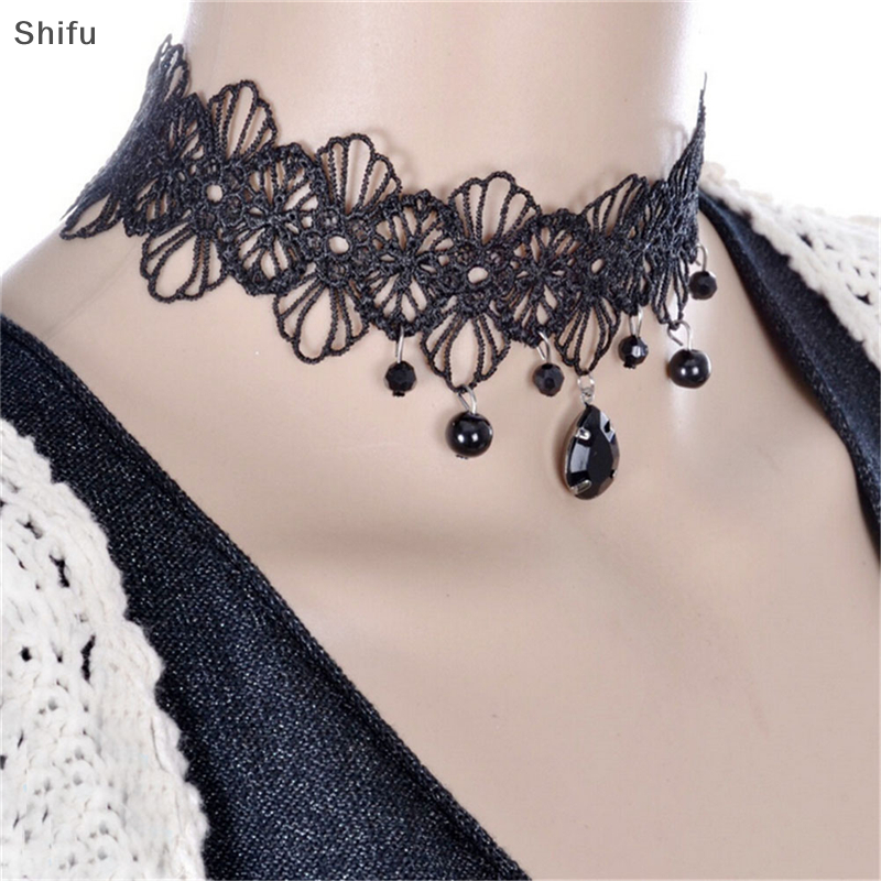 [Shifu] thời trang Gothic Đen ren dây đeo cổ retro hoa cổ áo Mặt dây chuyền trang sức