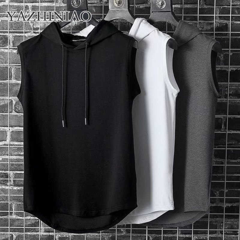 YAZHINIAO thu đông 2023 Áo thun nam không tay có mũ. Áo nỉ nam và áo hoodie. Áo vest nam mùa hè mỏng. Áo ghi lê có mũ đường phố