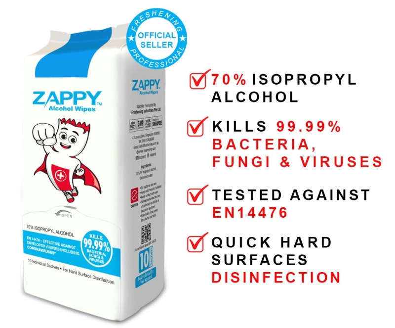 Buy Zappy Alcohol Wet Wipes 10s (15 Packets) Singapore