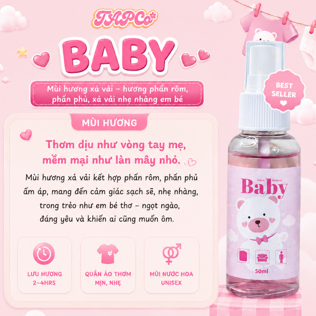 Xịt Thơm Baby Hương Phấn Thơm Nhẹ Như Em Bé - Xịt Thơm Fabric Perfume - Linen Perfume 50ml Mùa Hè – Mùi Hương Em Bé Đi Học