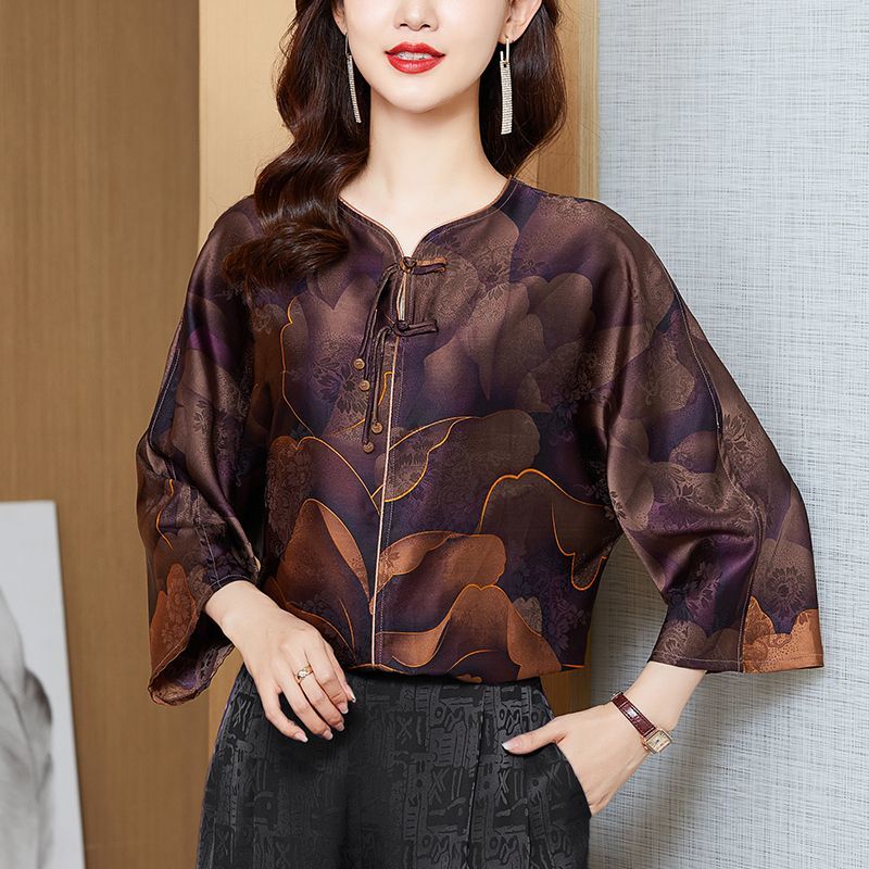 Áo sơ mi tay áo lửng gạc cao cấp Mẹ cỡ lỡn lụa dâu tằm Phụ Nữ Giàu mới Áo Blouse lụa