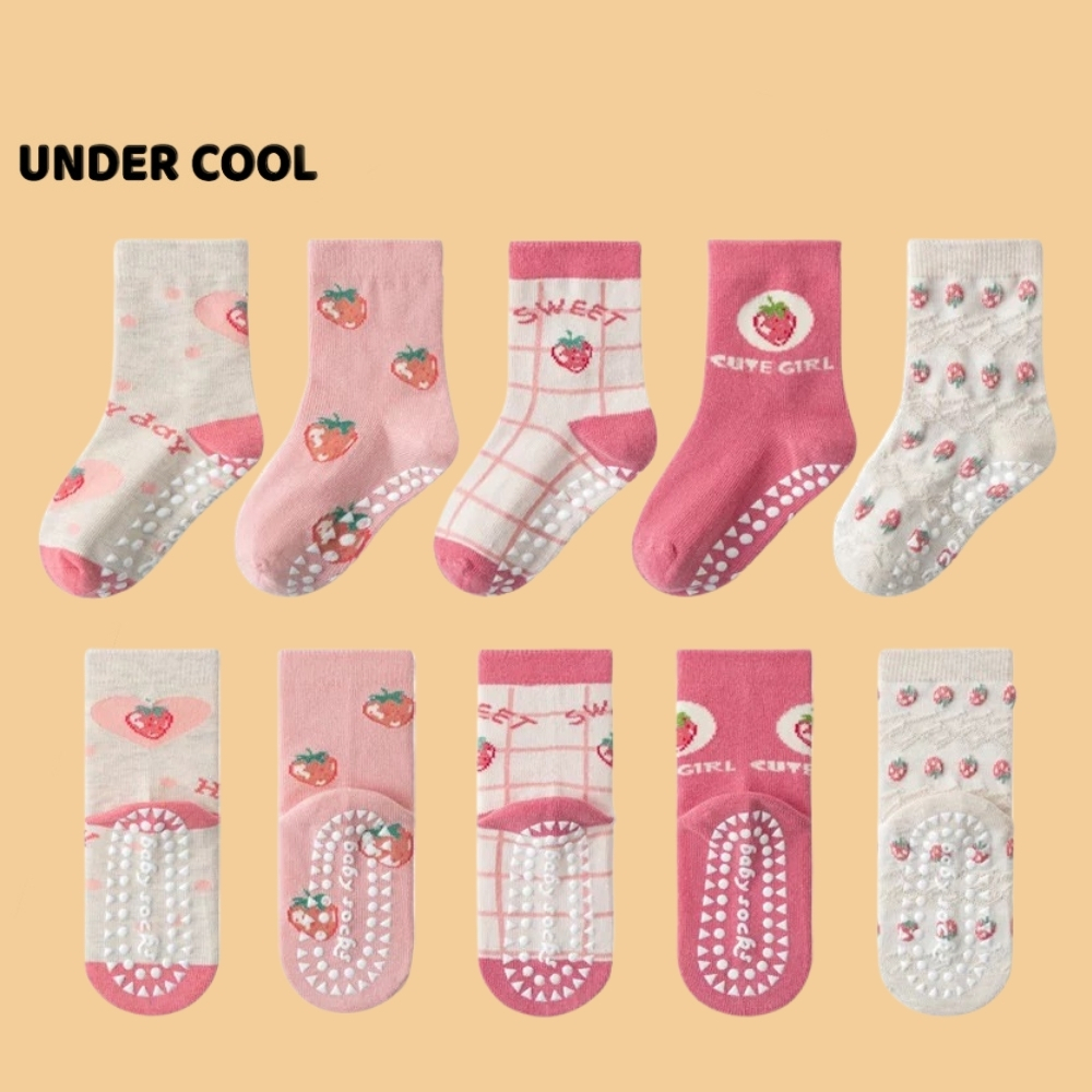 Set 5 Đôi Tất Vớ Cotton trẻ em 1-12 tuổi UNDERCOOL Chống trượt họa tiết Dâu Hồng xinh xắn dễ thương TC59
