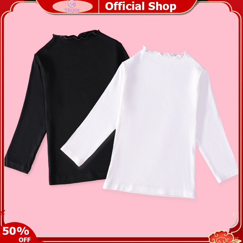 TEQIN IN stock Girls Long Sleeves Knitted Shirt Trendy Solid Color Stretch Pullover Tops For 2-10 Years Old Kids ราคา 186 บาท*ส่งฟรี