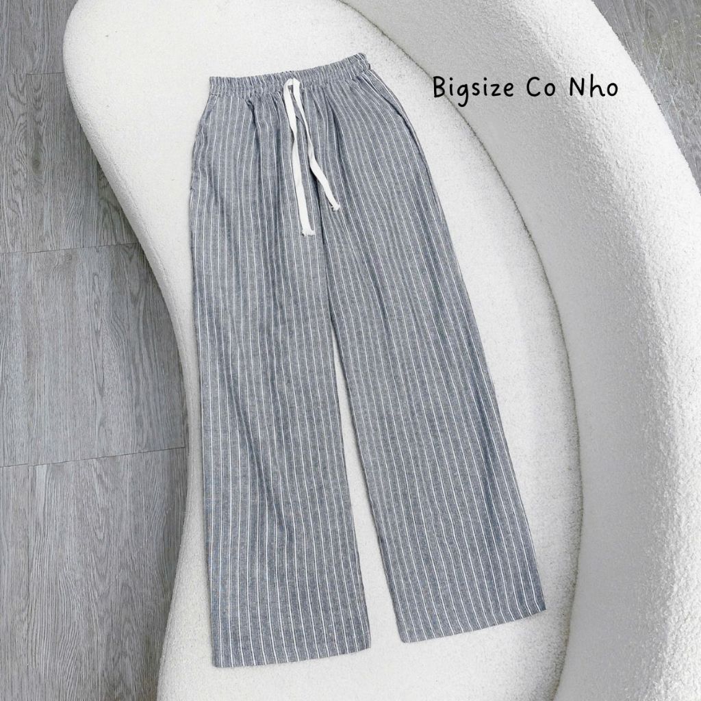 Quần xuông bigsize nữ kẻ sọc ống rộng lưng chun co giãn tôn dáng vải đũi sọc mặc mát - Q560