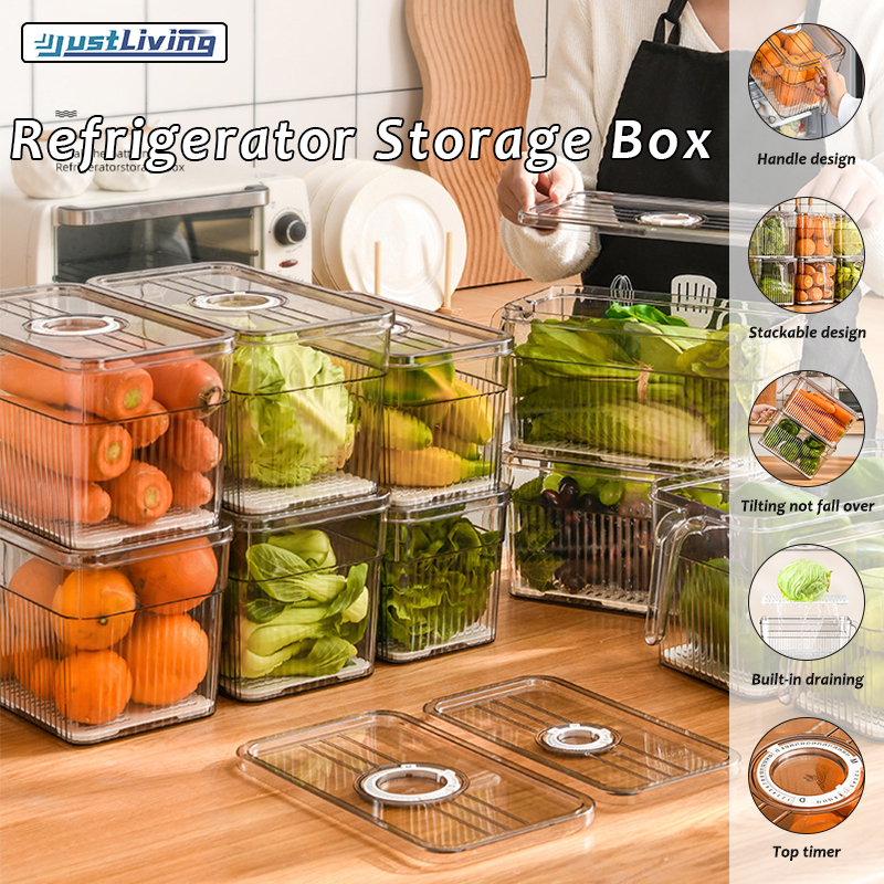 JustLiving Stackable Fridge Organizer with Lid Long Time Preserve Freshness Refrigerator Clear Food Container Drainage Food Storage Box Kitchen Storage Box for Vegetables and Fruits with Handle ราคา 320 บาท*ส่งฟรี